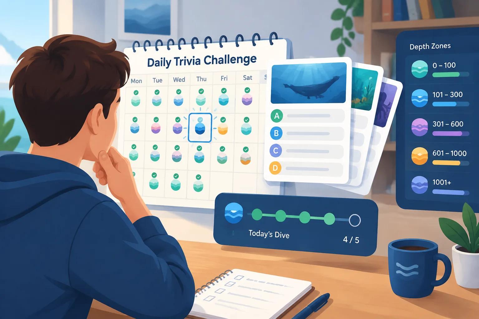 player checking a daily trivia challenge calendar