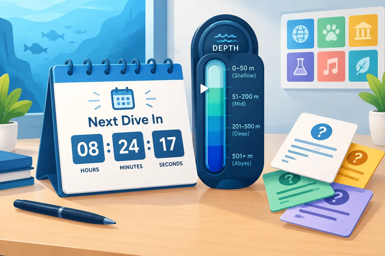 calendar countdown concept with a diving meter and trivia cards on a clean editorial background