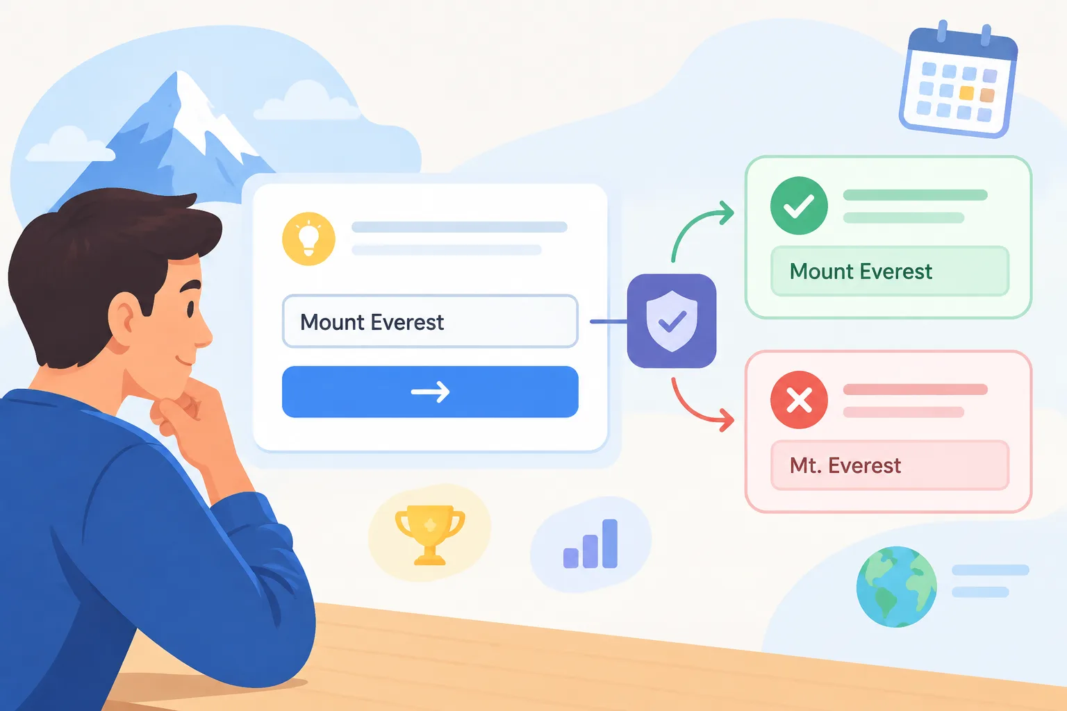 Editorial illustration of a trivia answer field being checked by a validation system