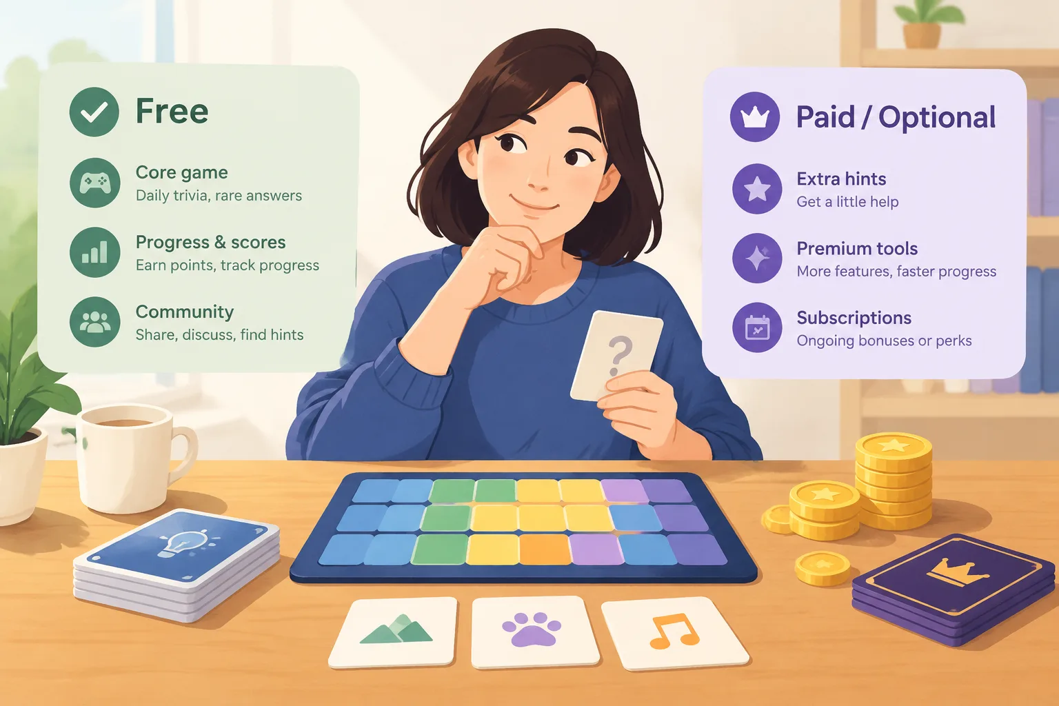 Editorial illustration of a trivia player comparing free and paid options