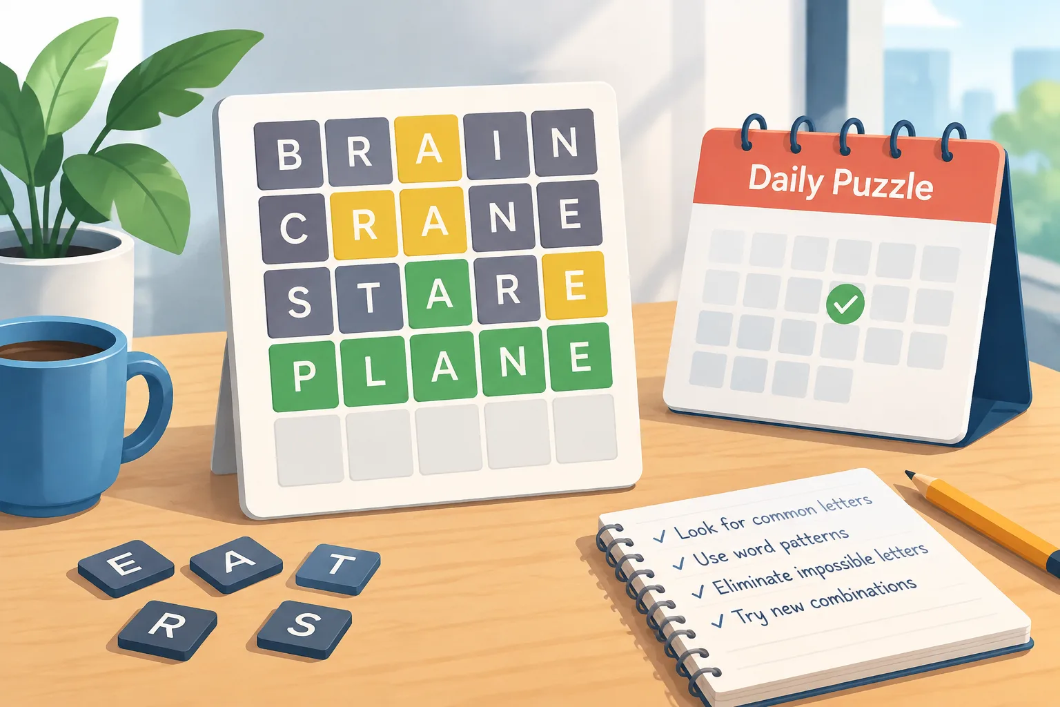 Clean editorial illustration of letter tiles arranged as a word puzzle with a daily calendar icon