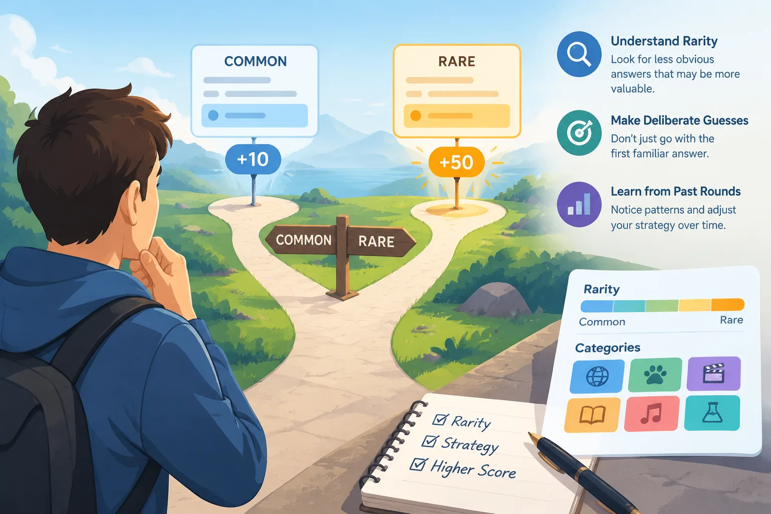 Player choosing between common and rare trivia answers represented by a branching path