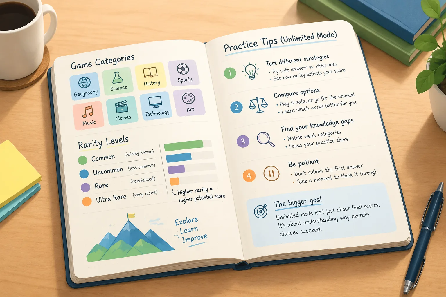 Open notebook showing trivia categories, rarity levels, and practice notes on a desk