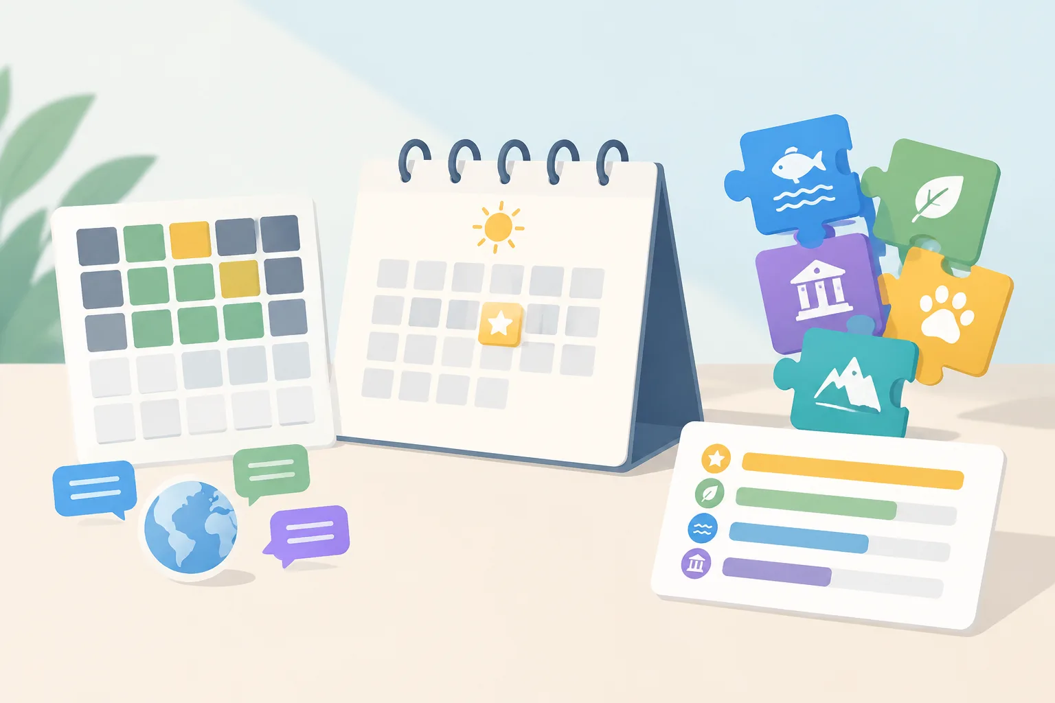 A clean editorial illustration of a calendar page beside puzzle pieces representing recurring daily