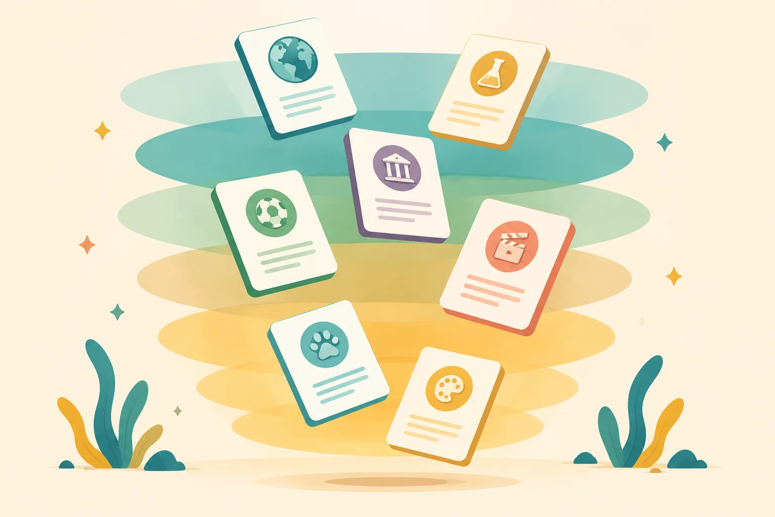 A clean editorial illustration of seven floating trivia cards descending through layered teal and am