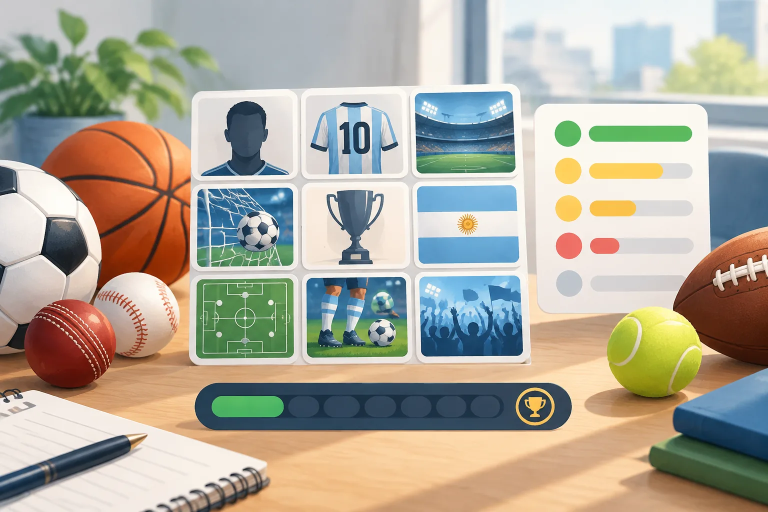 Editorial illustration of a daily sports guessing game concept: a grid of clue cards