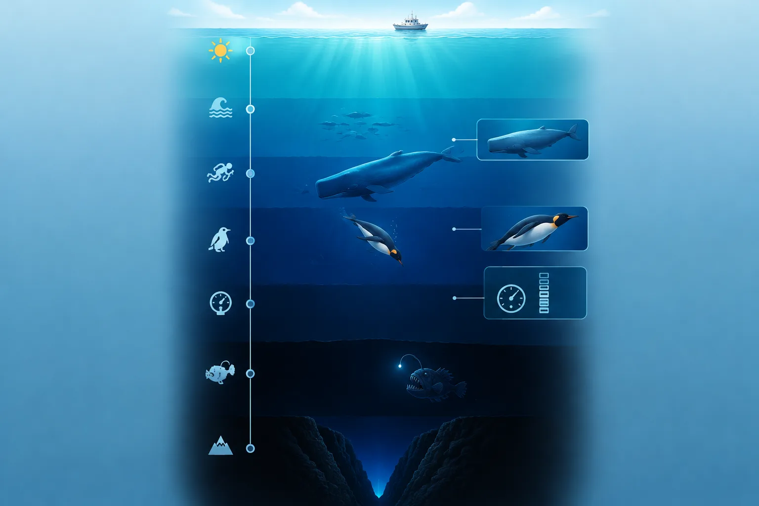 A minimal vertical ocean-depth infographic