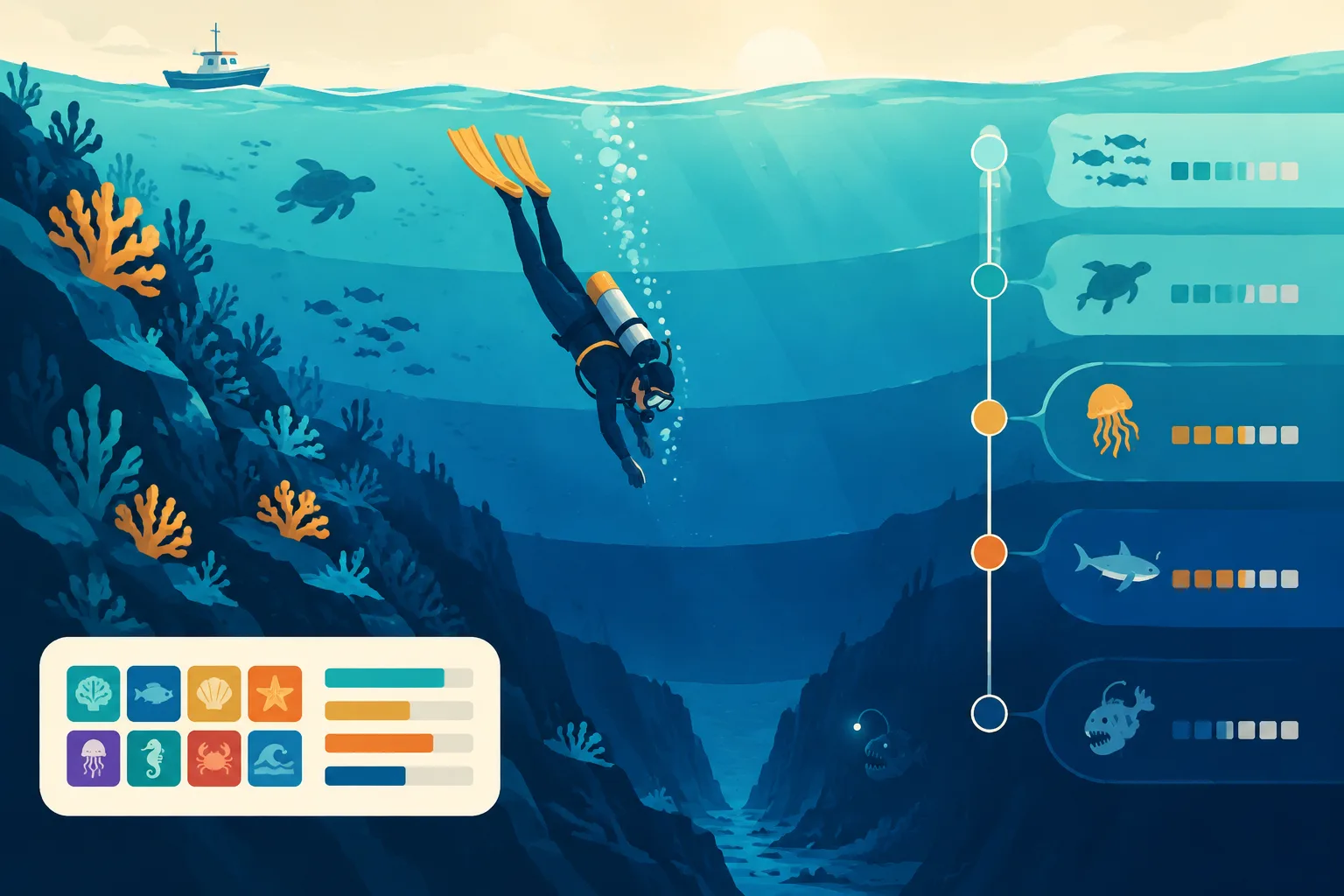 A clean editorial illustration of a diver descending through layered ocean depth zones