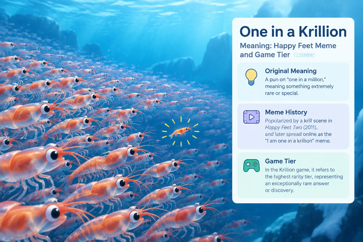 cartoon krill swarm illustration with one tiny standout krill highlighted in a calm ocean scene