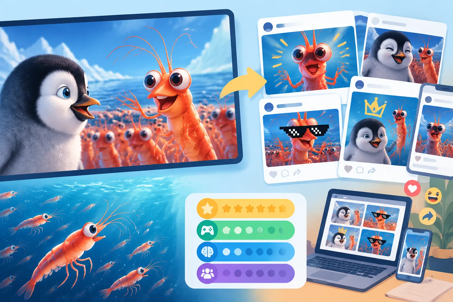 editorial illustration of a movie scene concept transitioning into online meme panels without readab