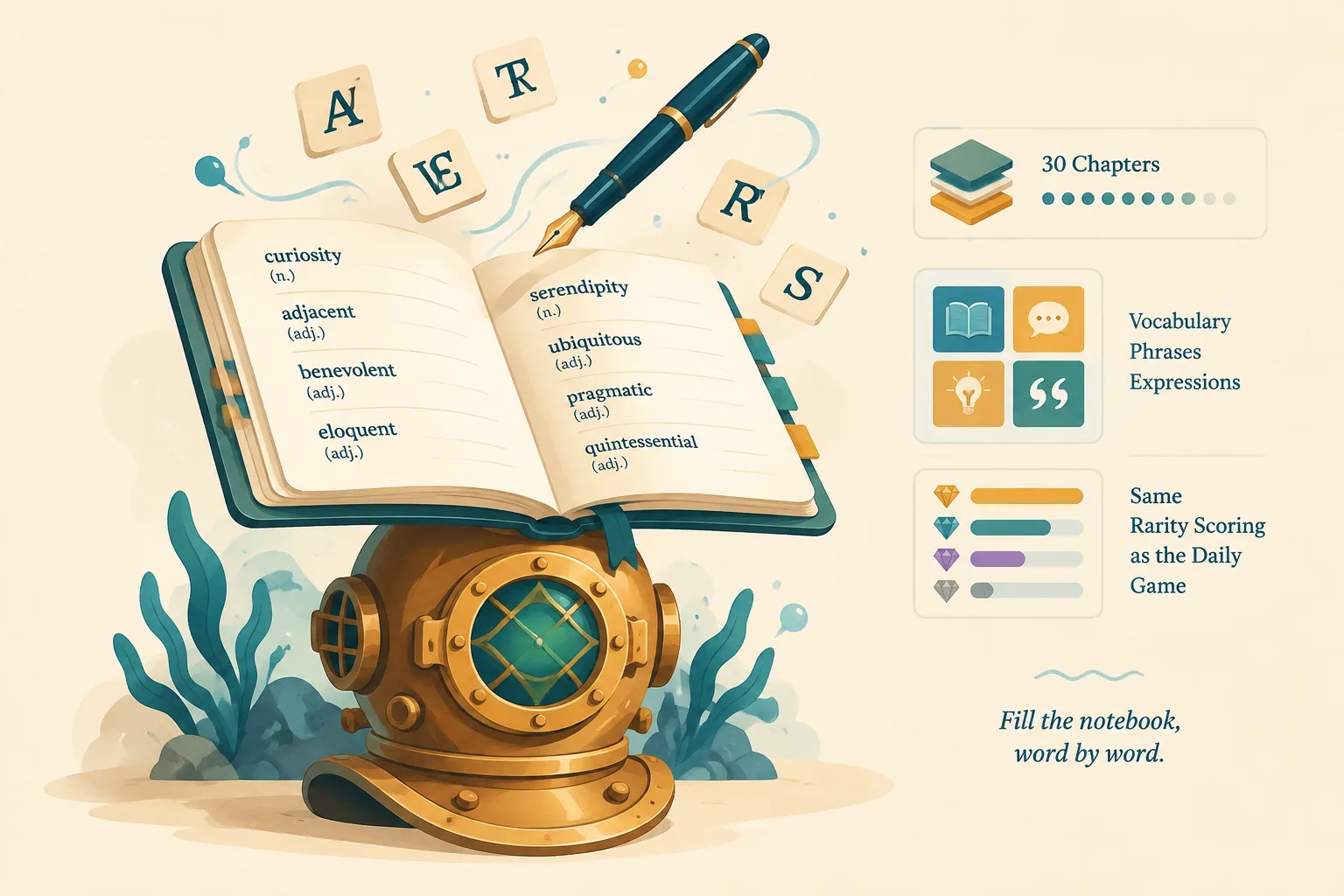 editorial illustration of an open dictionary notebook