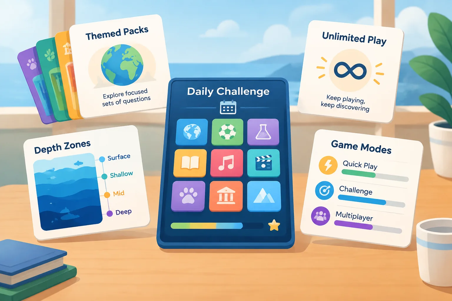 Clean editorial illustration of themed trivia categories arranged as cards around a daily challenge