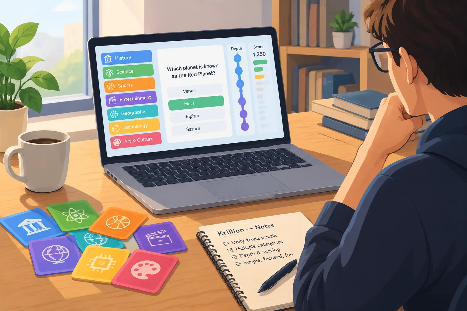 editorial illustration of a solo developer desk