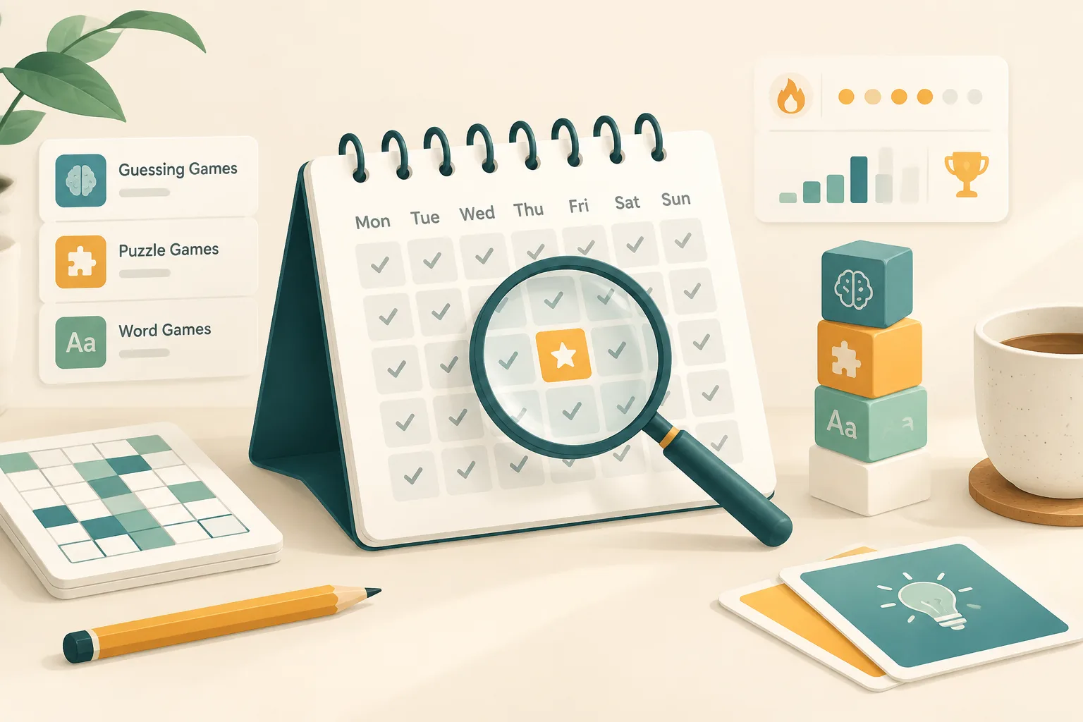 Editorial illustration of a daily puzzle calendar grid