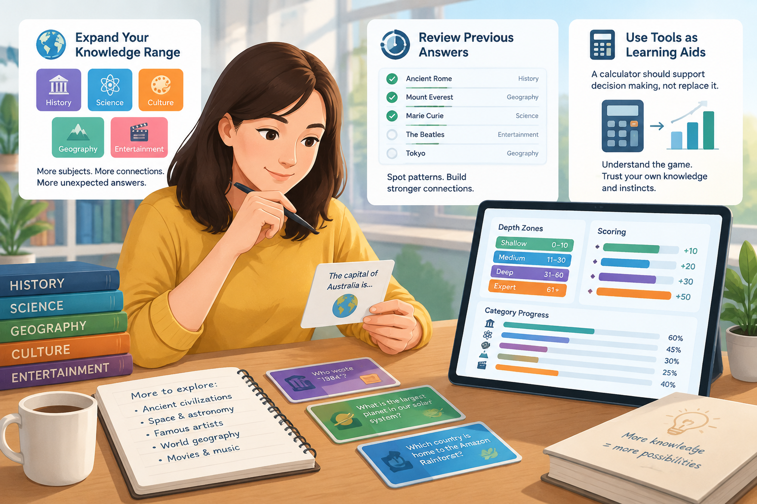 Editorial illustration of a player comparing trivia notes, answer cards, and a simple progress chart